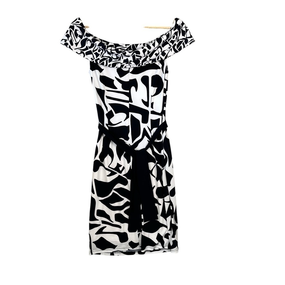 Joseph Ribkoff dress black-white Off-shoulder silhouette pattern Sz 6 - Picture 7 of 13